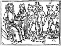 A woodcarving of Belial and some of his followers from Jacobus de Teramo's book Buche Belial